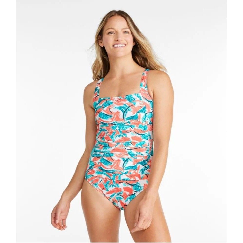 LL Bean Floral One Piece Swimsuit Ruched Scoop Neck Lined Womens S Modest